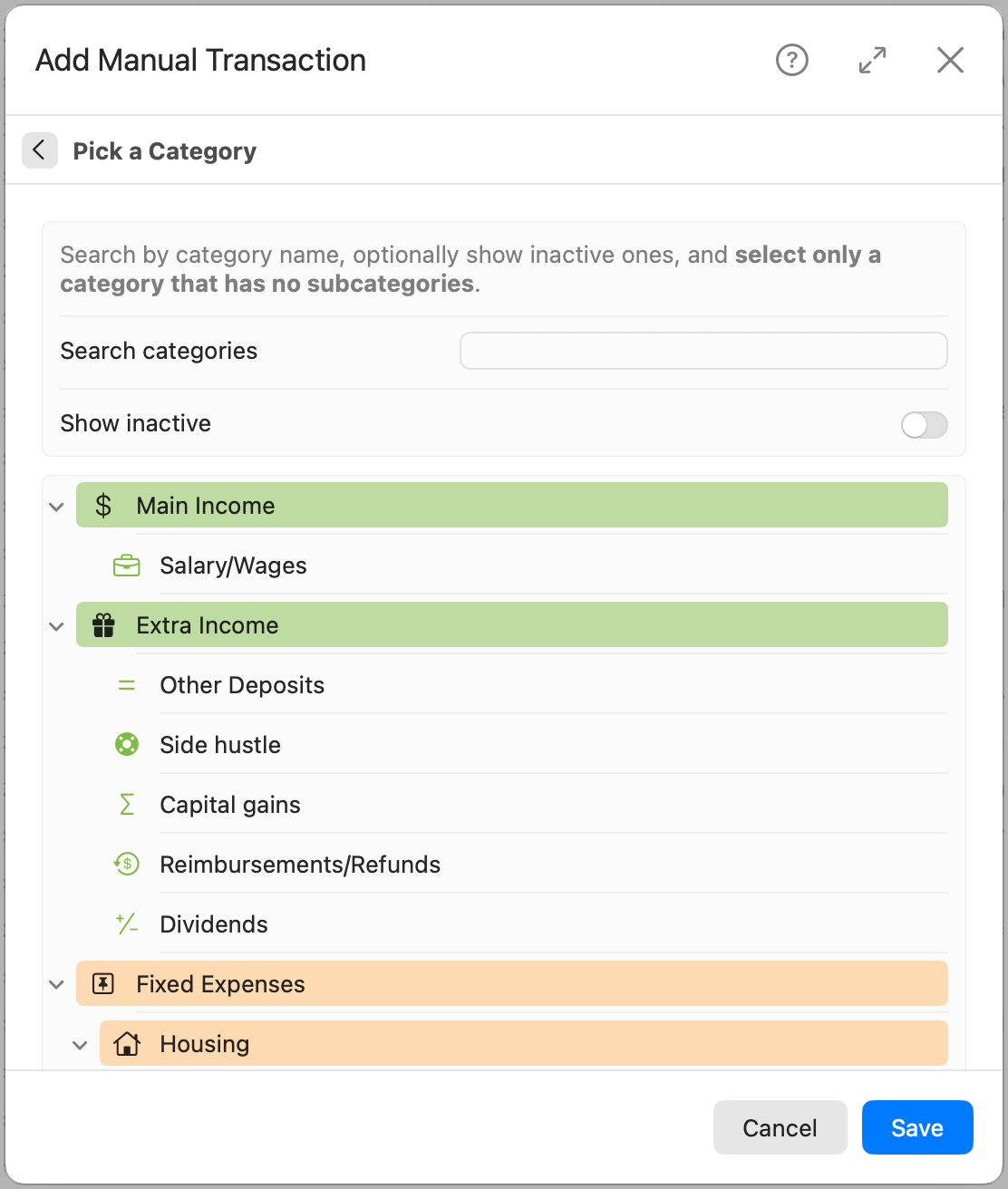 Add Manual Transaction General Tab - Pick a Category