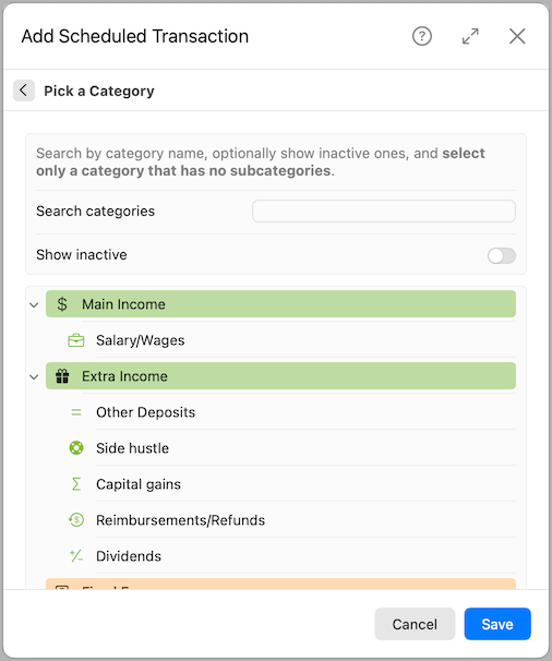 Add Scheduled Transaction - Pick a category