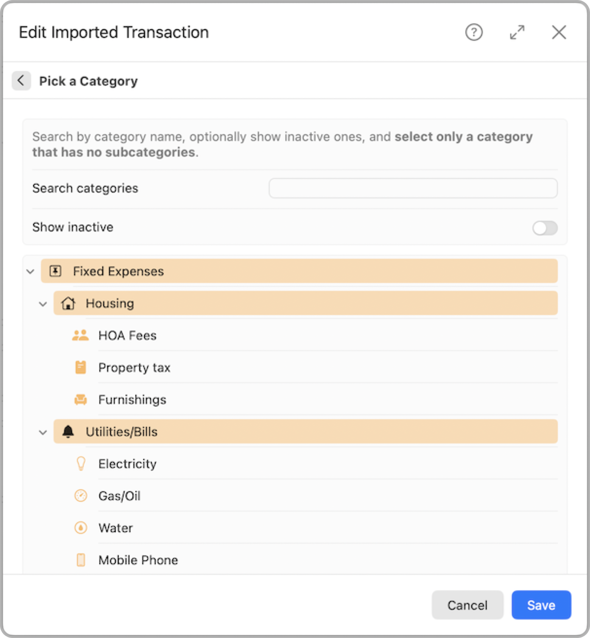 Edit Imported Transaction General Tab - Pick a category