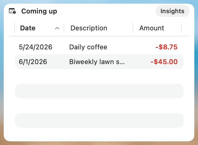 Upcoming Scheduled Transactions Widget