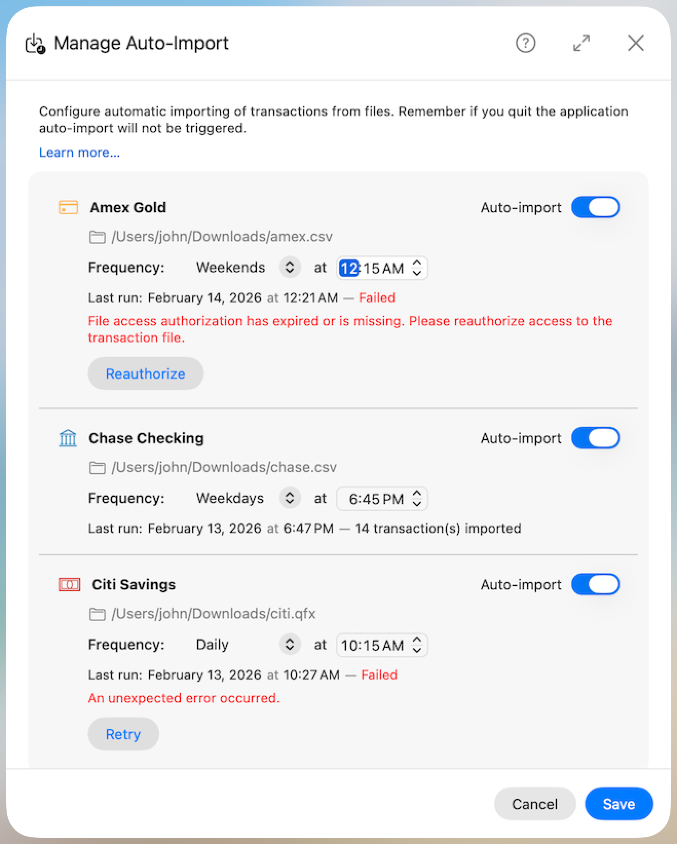 Manage Auto-Import - Last Run Statuses