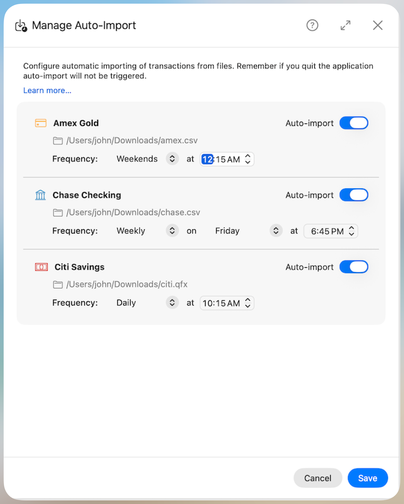 Manage Auto-Import - Accounts Configured