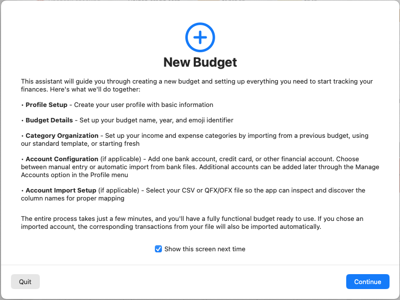 New Budget Assistant Welcome Screen