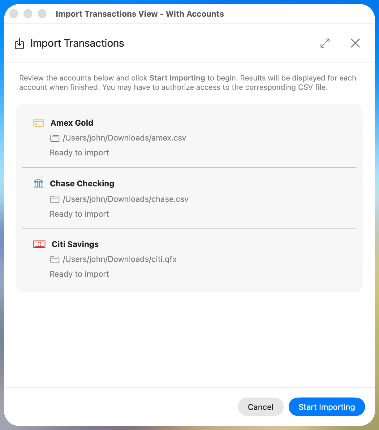 Import dialog before import