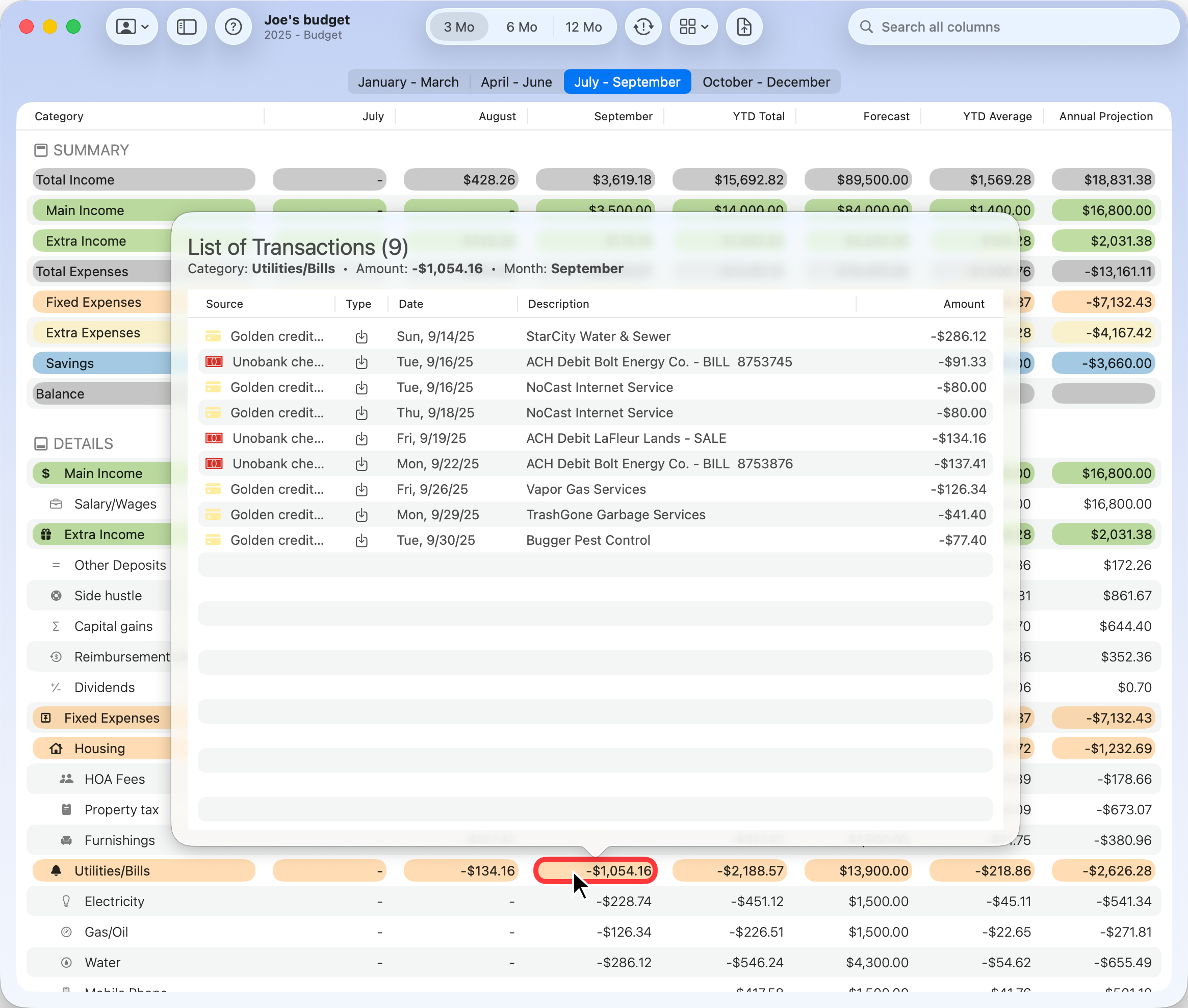BUDGIX Budget Table Transaction drill-down