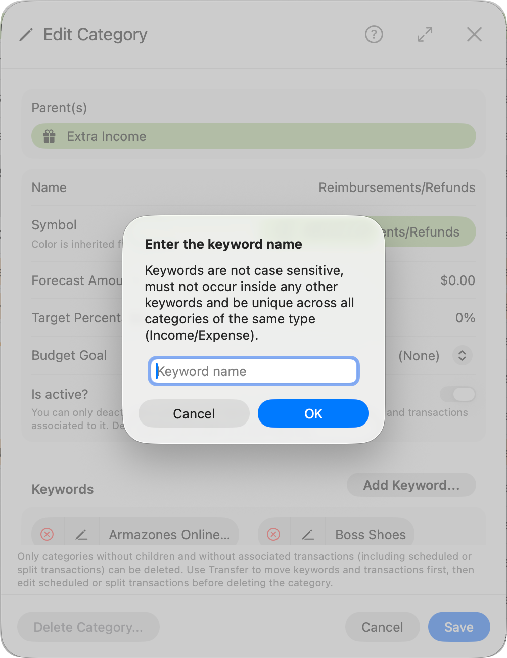 Edit category and add new keywords
