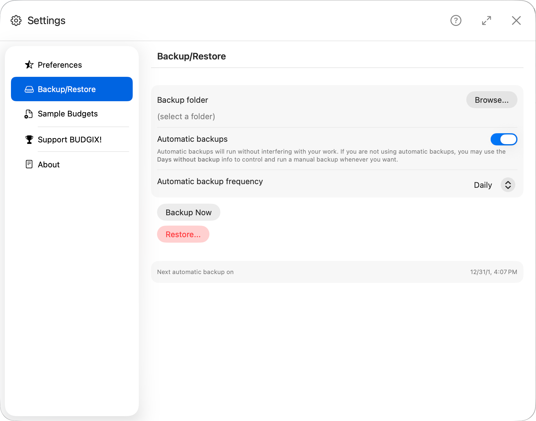 BUDGIX Backup settings