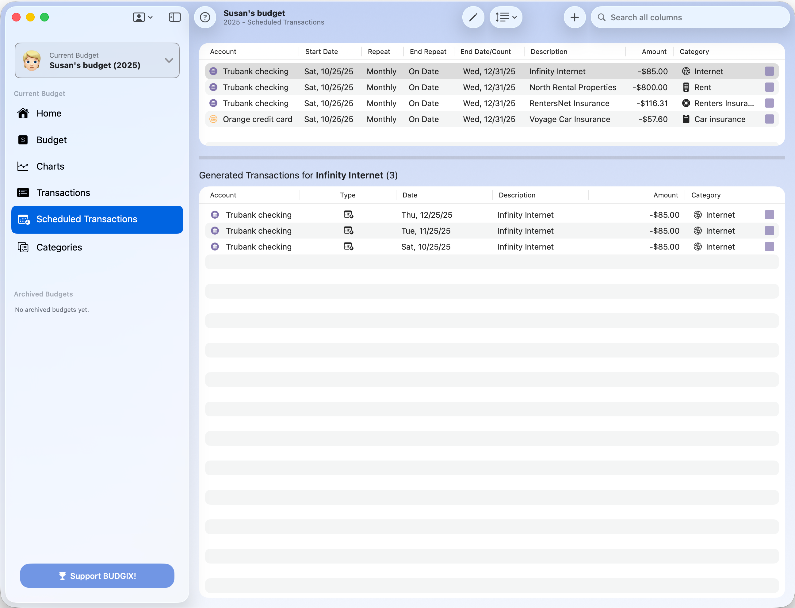 BUDGIX Scheduled Transactions