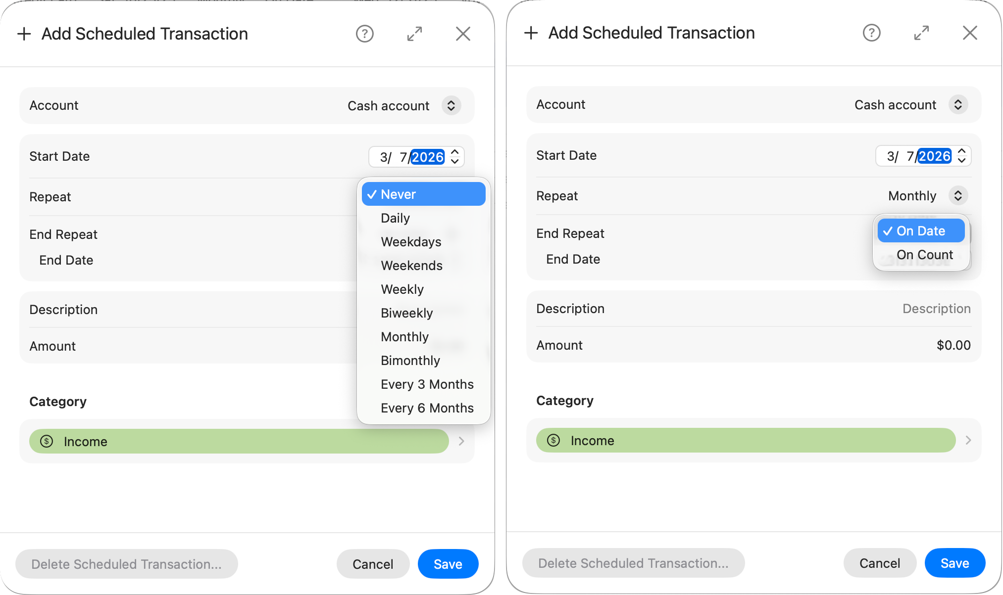 Add scheduled transaction form
