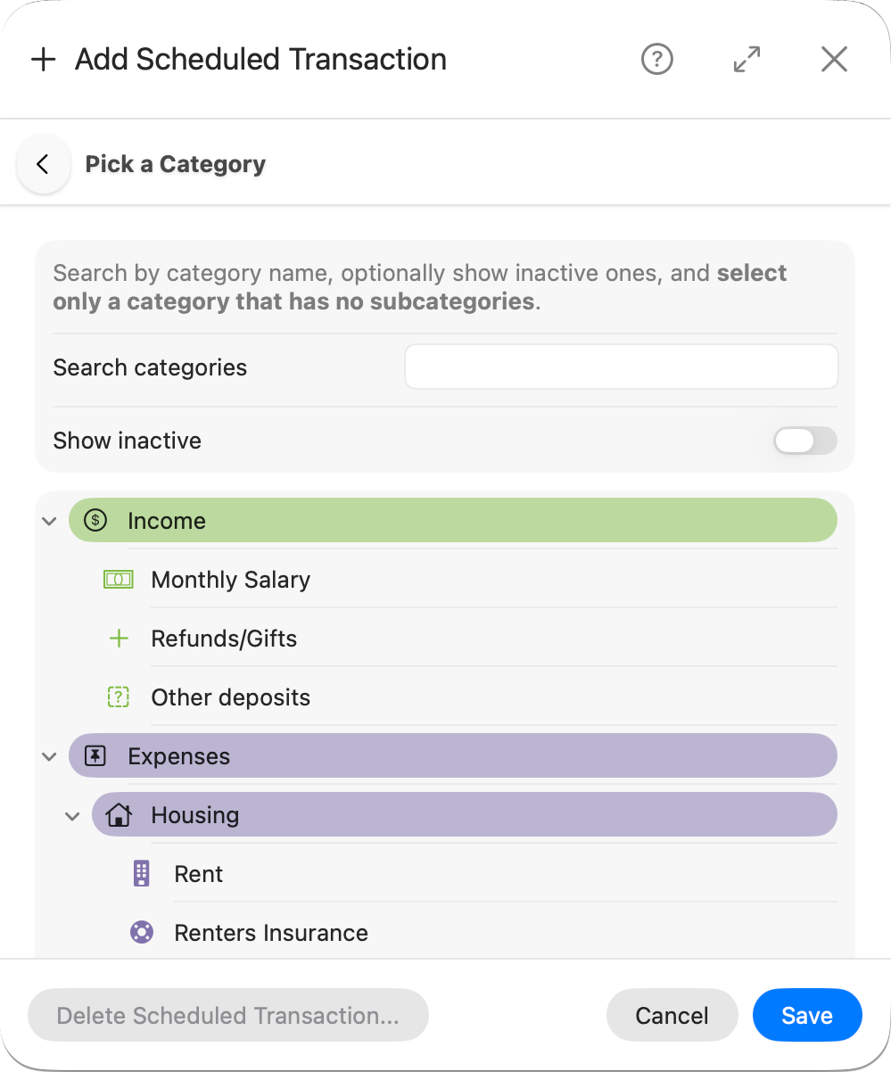 Scheduled transaction category selection