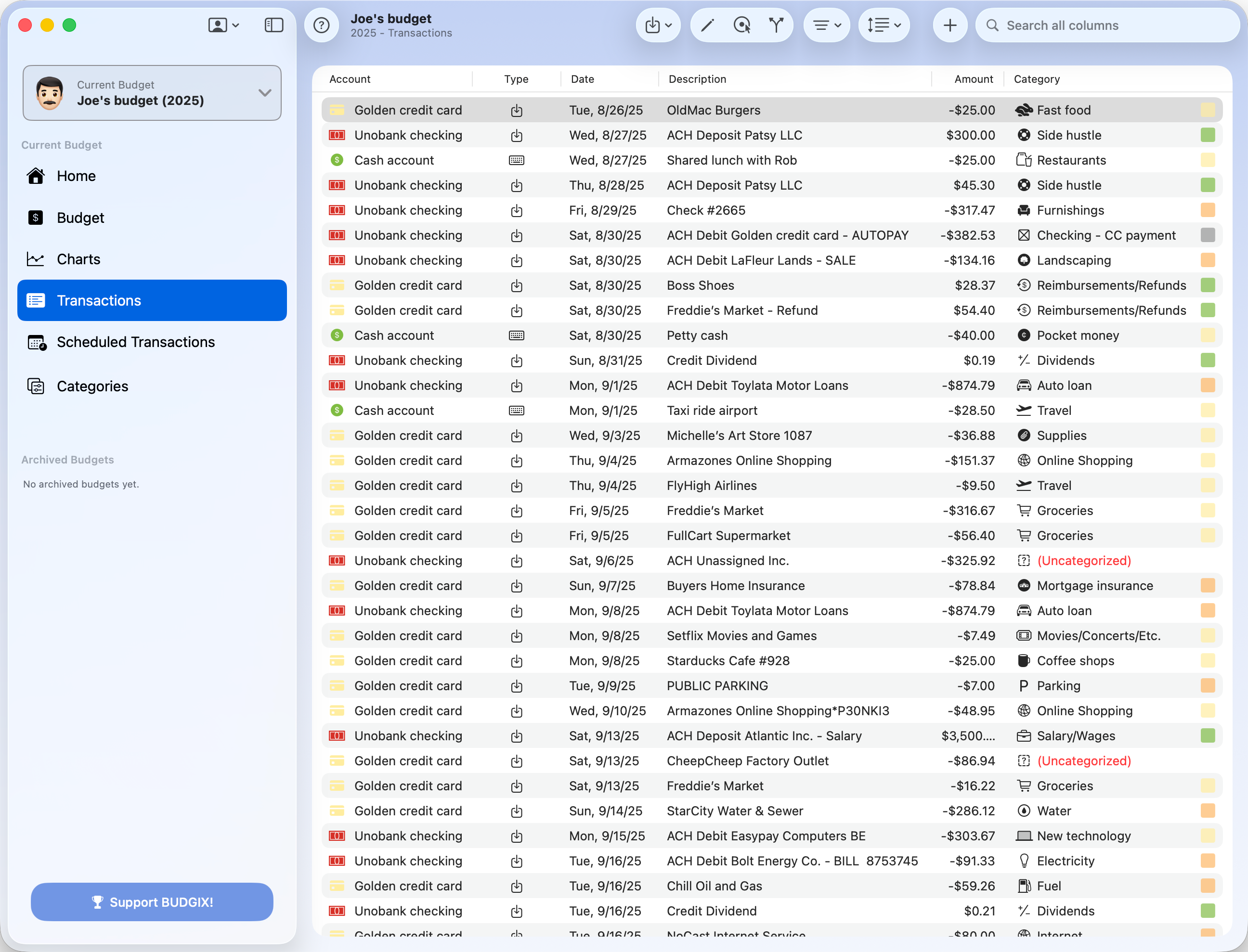 BUDGIX Transactions list