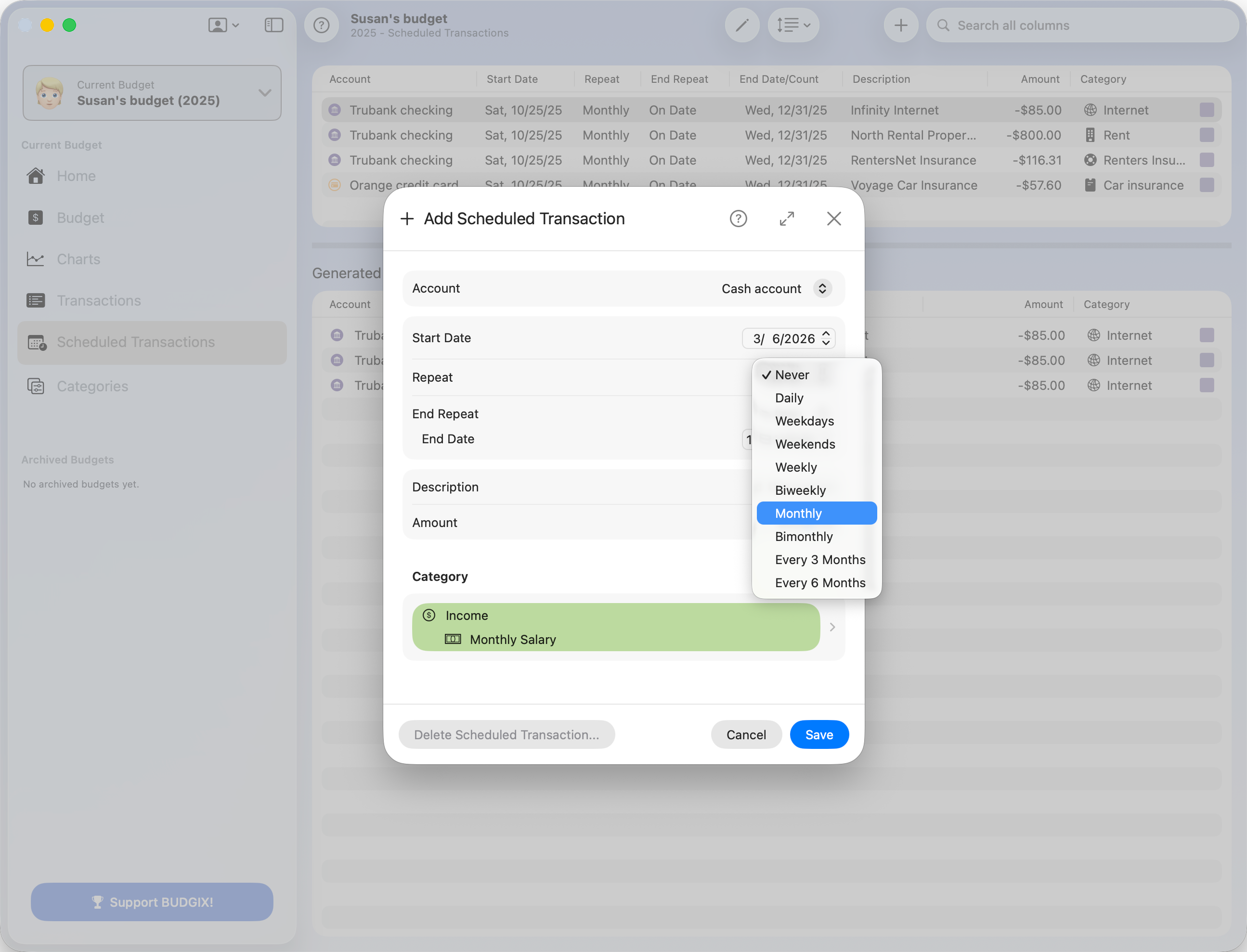 Add Scheduled Transaction - Repeat menu