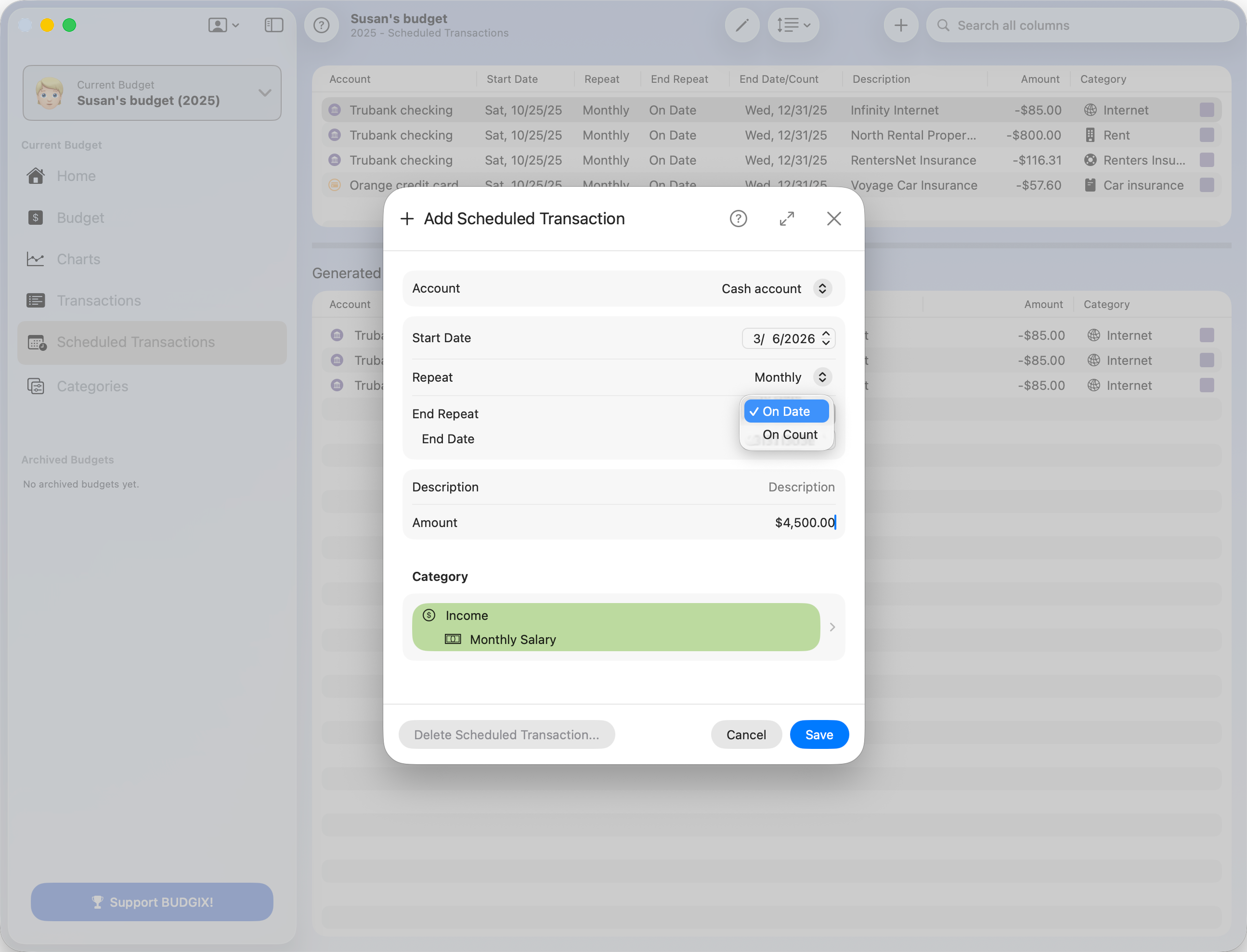 Add Scheduled Transaction - End Repeat menu